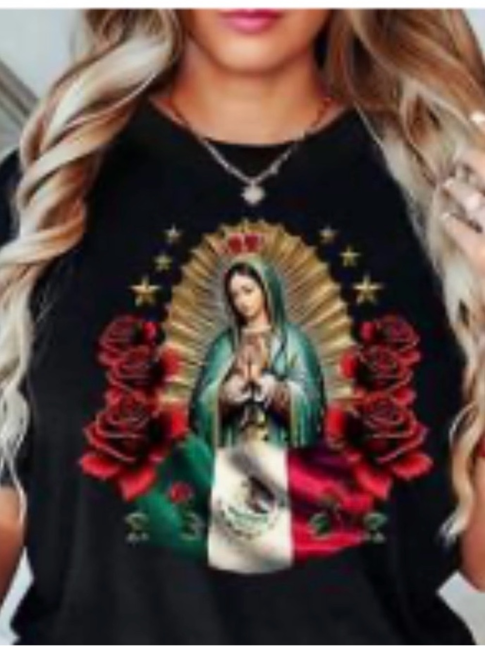 Amazon Black Short-Sleeve Tee with Marian Graphic and Red Rose Accents